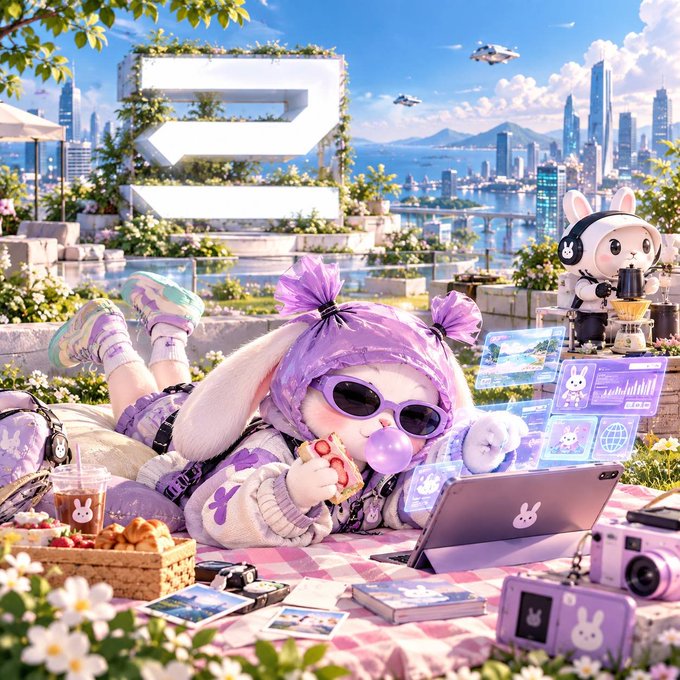 A 3D-rendered kawaii scene of a purple bunny character in sunglasses blowing a bubblegum bubble while lounging on a picnic blanket with a laptop, surrounded by flowers and a futuristic skyline.