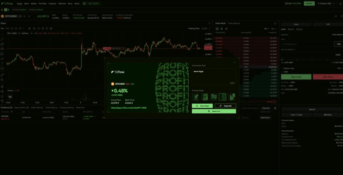 The image shows a computer screen displaying a trading dashboard for a cryptocurrency called @TxFlow_L1, which is currently in an active state with high trading volume. The trading platform has a green background that stands out against the black screen, making it easy to read and understand. The trading data includes various indicators such as price trends, volume, and market sentiment. The post also mentions that there are about 20 invite codes available for interested parties who want to learn more or participate in trading activities on this platform.