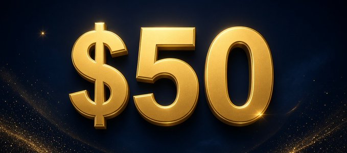 Golden, three-dimensional "$50" text glows against a deep blue background with shimmering light particles, likely highlighting a $50 value such as a gift card, reward, or promotional offer referenced in the linked form.
