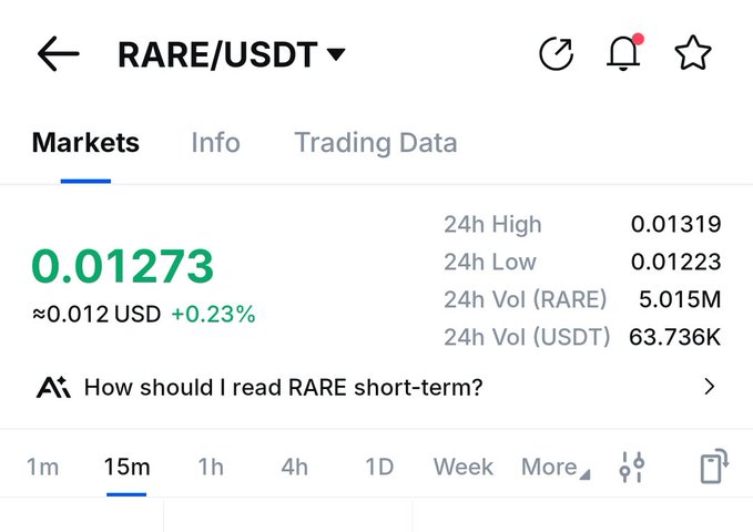 A cryptocurrency trading interface displaying RARE/USDT at 0.01273 USD (+0.23%), with 24h High 0.01319, 24h Low 0.01223, 24h Vol (RARE) 5.015M, and 24h Vol (USDT) 63.736K.