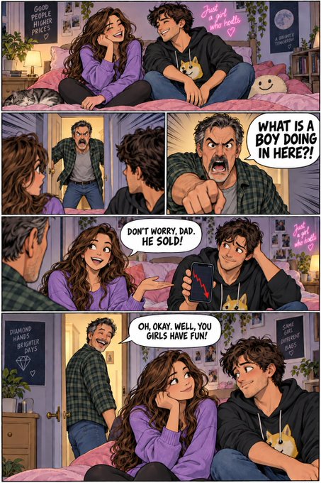 A comic strip shows a couple in bed when the angry father bursts in yelling 'WHAT IS A BOY DOING IN HERE?!', only for the daughter to calmly reply 'DON'T WORRY, DAD. HE SOLD!' as the boy shows a phone with a down chart, leaving the dad saying 'OH, OKAY. WELL, YOU GIRLS HAVE FUN!'
