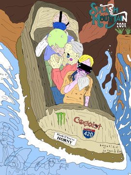 A colorful cartoon-style illustration of people in a boat navigating through rapids, featuring logos for 'Sea World 2008', 'Monster Energy', 'GoDaddy', and a license plate reading '420'.
