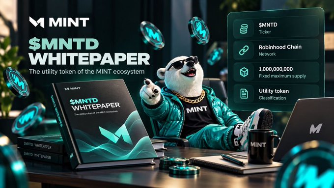A promotional banner for the '$MNTD WHITEPAPER' described as 'The utility token of the MINT ecosystem', showing a panda mascot in sunglasses and a teal jacket, with details listing $MNTD ticker, Robinhood Chain network, 1,000,000,000 fixed max supply, and Utility token classification.