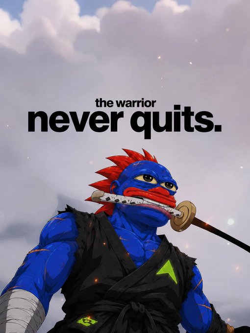 A blue-skinned warrior with red spiky hair, scars, and a sword clenched in his teeth stares determinedly into the distance beneath the motivational text "the warrior never quits." The fierce, battle-ready image pairs with the Solana memecoin ticker **$RISE**, embodying the relentless, never-give-up spirit often invoked in crypto communities.