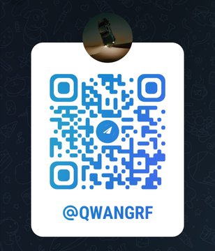 A blue QR code is displayed on a dark blue patterned background with a Telegram logo in the center and the text '@QWANGRF' below it.