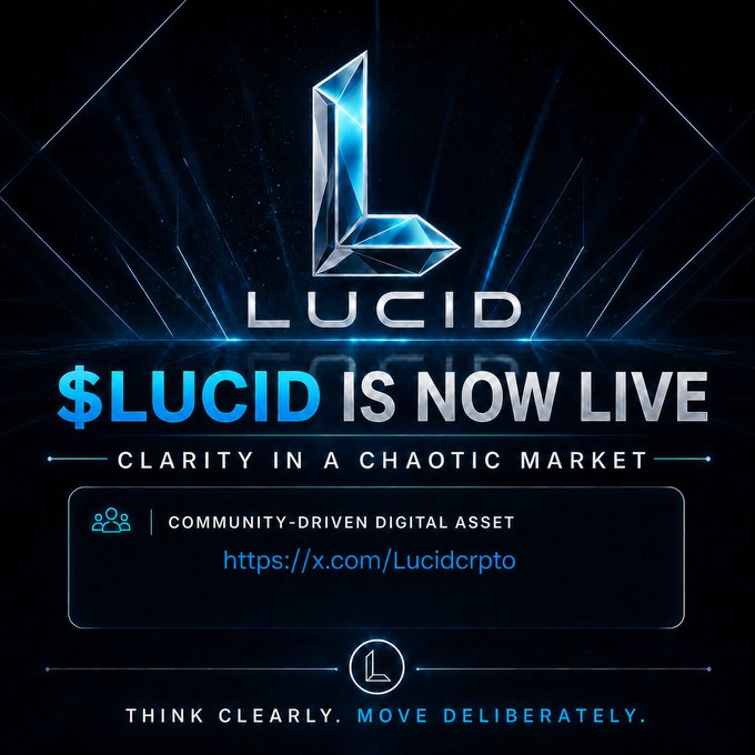 A promotional poster for the cryptocurrency '$LUCID' declares 'IS NOW LIVE' with the tagline 'CLARITY IN A CHAOTIC MARKET' and lists it as a community-driven digital asset.