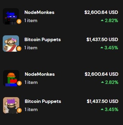 A list of NFT items including NodeMonkes priced at $2,600.64 USD (2.82%) and Bitcoin Puppets priced at $1,437.50 USD (3.45%), each showing 1 item.