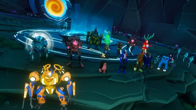 A screenshot from a video game shows various animated characters and creatures, including a yellow robot, gathered in a dark cave with a glowing blue portal.