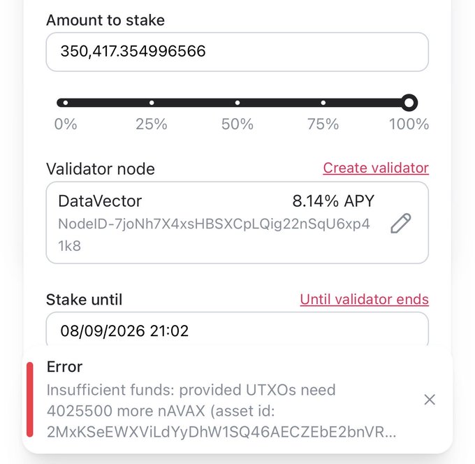 The staking screen shows an attempted **350,417.354996566** stake to **DataVector** (8.14% APY) until **08/09/2026 21:02**, but an error says insufficient funds and requires **4,025,500 more nAVAX**. The post explains that staking everything left nothing for transaction fees and advises trying again with **350,407 $FLR** while keeping **10–20 $FLR** for fees.