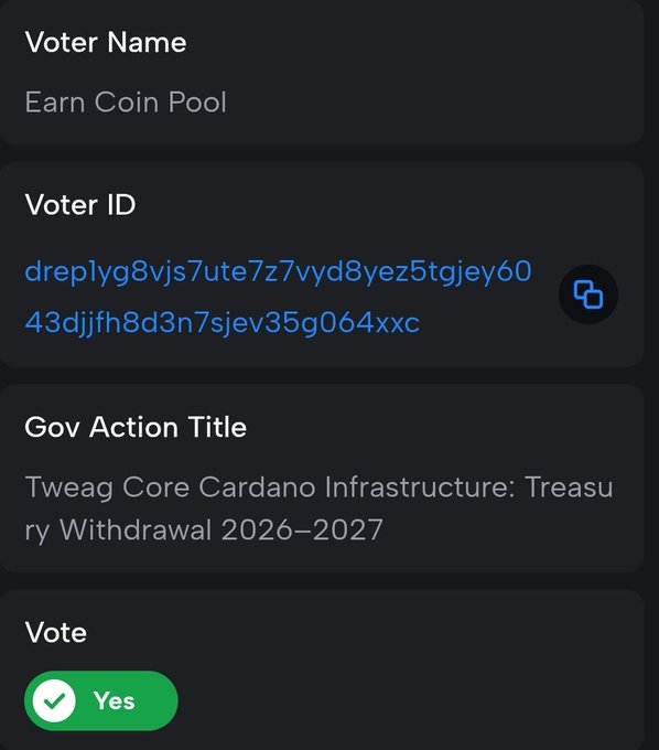A voting confirmation card displaying an Earn Coin Pool voter's details, including their Voter ID (drep1ydg8vjs7ute7z7vyd8yez5tgjey6043djjfh8d3n7sjev35g064xxc), shows a "Yes" vote cast for the "Tweag Core Cardano Infrastructure: Treasury Withdrawal 2026–2027" governance action, visually verifying the dRep's YES vote referenced in the post.