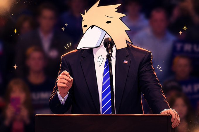 The image features a cartoon depiction of a man dressed in a suit, standing at a podium with his hand raised as if giving a speech or addressing an audience. The man's face is drawn into a mask that resembles a bird, adding a whimsical touch to the scene. In the background, there are people sitting and watching the man, creating a sense of anticipation for what he might be saying next. The image also includes text elements related to the post about the man winning an award in May or receiving a million dollars, suggesting that this could be a promotional piece or part of a larger campaign.
