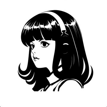 A black and white anime-style illustration of a young woman with shoulder-length dark hair wearing a headband.