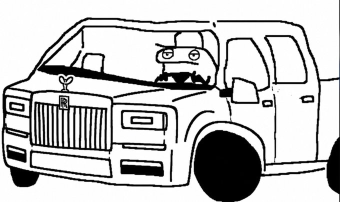 A black-and-white line drawing/meme of a frog with wide eyes sitting in the driver's seat of a Rolls-Royce SUV.