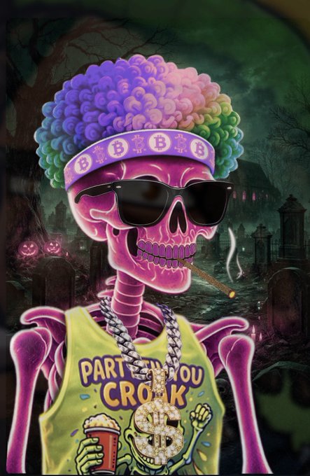 A colorful digital illustration depicts a skeleton wearing a rainbow afro wig with a Bitcoin-symbol headband, sunglasses, and a smoking cigar, dressed in a yellow tank top that reads 'PARTY TIL YOU CROAK' while holding a beer.