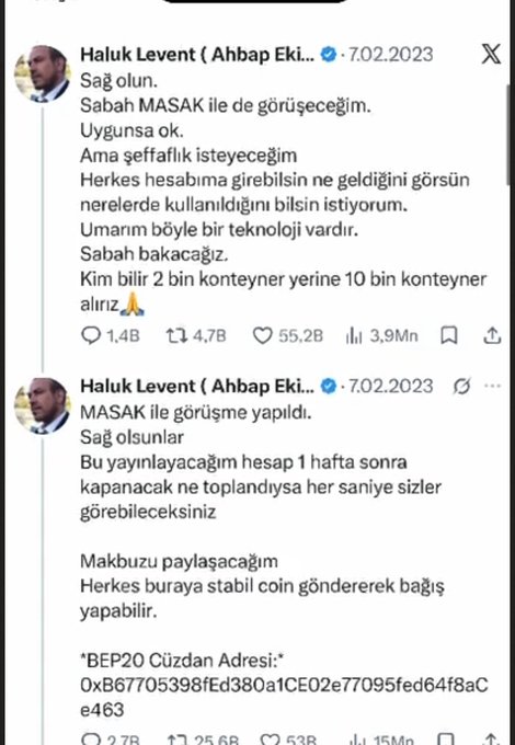 The image shows two Turkish tweets from Haluk Levent dated 7.02.2023, where he announces a meeting with MASAK (Turkey's financial crimes unit) and shares a BEP20 cryptocurrency wallet address (0xB67705398fEd380a1CE02e77095fed64f8aCe463) for earthquake relief donations, claiming all contributions would be publicly tracked. The tweets relate to the post by showing Levent's public commitment to transparency in crypto donations following the 2023 Turkey earthquake, though the caption suggests the actual aid never materialized as promised despite significant incoming donations.