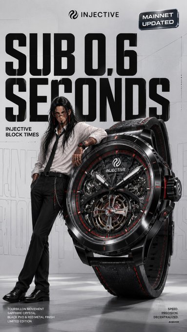An advertisement for 'INJECTIVE' featuring a man in a white shirt and black tie leaning against a giant luxury watch, with bold text reading 'SUB 0.6 SECONDS' and 'MAINNET UPDATED' alongside details about a tourbillon movement and sapphire crystal.