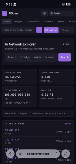 A mobile screenshot of the 'PiScan' Pi Network Explorer app shows statistics including Latest Ledger 28,848,920, Total Supply 100,000,000,000 Pi, and Base Fee 0.01 Pi.