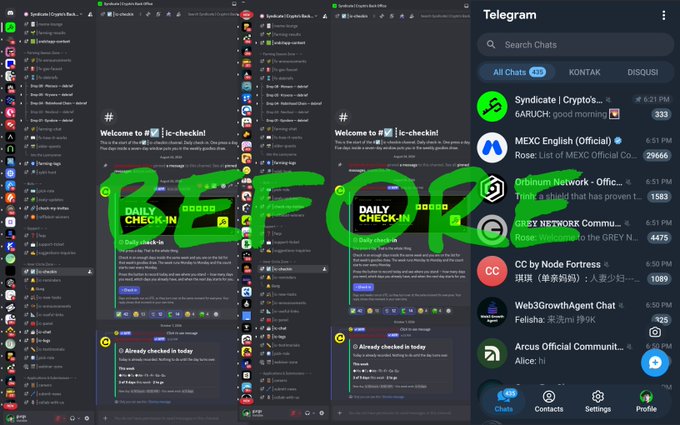 A before-and-after comparison showing Telegram chat interfaces overlaid with a large green 'BEFORE' watermark, displaying crypto-related channels and check-in bots.