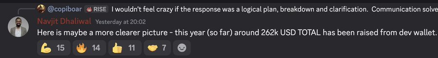 A Discord screenshot shows Navjit Dhaliwal reporting that "this year (so far) around 262k USD TOTAL has been raised from dev wallet," with the user @copiboar requesting a "logical plan, breakdown and clarification." The post contrasts $IAG's modest 262k USD raised in 7 months against Cardano's nearly 100M USD in sells without corresponding adoption, arguing the token is undervalued.