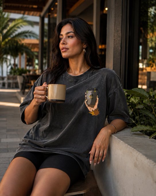 A woman with long dark hair sits outdoors holding a coffee mug in one hand and a smartphone in the other, wearing an oversized gray t-shirt featuring a graphic design.