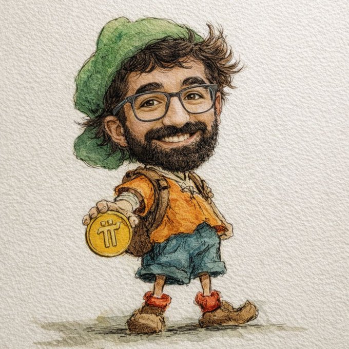 A whimsical watercolor-style caricature depicts a smiling bearded man with glasses wearing a green cap and orange shirt, holding out a Pi (π) cryptocurrency coin.