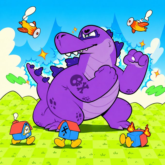 A colorful cartoon illustration features a large purple dinosaur-like creature with a skull and crossbones marking, surrounded by small characters including one in a red hood with a cross on its back and another character on fire.