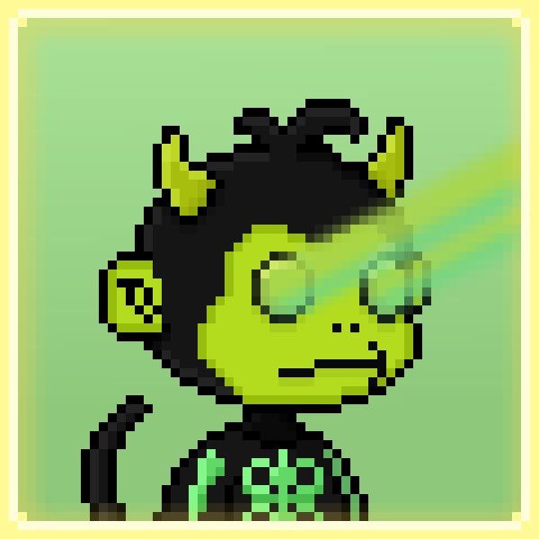 A pixel art portrait of a yellow-faced monkey-like NFT character with glowing green laser eyes and a dark hoodie, shown against a mint green background. The image aligns with the post, as the character appears to be "fading away" with a transparent, dissolving effect on the right side, matching the user's comment about fading the PFP being "illegal."