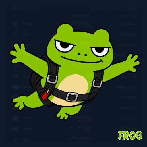 A cartoon green frog wearing a parachute harness floats over a cryptocurrency price chart, with the word 'FROG' displayed in the bottom right corner.