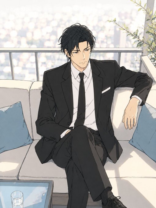 An anime-style illustration of a dark-haired man in a black suit and tie sitting relaxed on a light-colored couch with blue pillows, gazing confidently at the viewer.