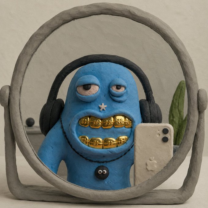A clay sculpture of a blue cartoon character with gold grillz, headphones, and a star on its nose, taking a mirror selfie with a clay iPhone.