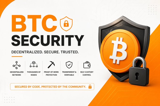An advertisement graphic for 'BTC SECURITY' features a Bitcoin logo on a shield with a padlock, promoting decentralized network and self-custody control.