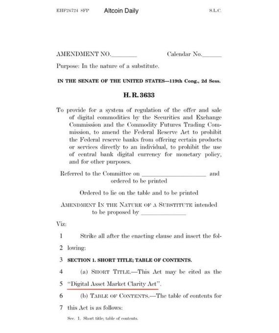 A legislative document showing an amendment to H.R. 3633, the "Digital Asset Market Clarity Act," introduced in the 119th Congress. The post notes this is the final draft of the Clarity Act, released ahead of a Tuesday Senate vote, featuring 126 changes to establish new crypto regulations.
