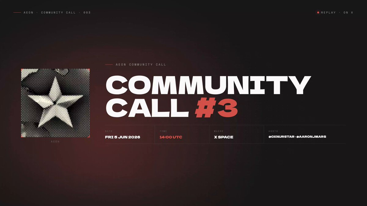 The image shows a screenshot of a community call log page from last Friday, which was posted on social media platforms by GM @aeon framework fam members. The title reads "Community Call #3" with three bullet points containing information about the recorded meeting. The image also includes a photo of a star in white and red colors. The text at the bottom of the image mentions that there have been 80 new commits since the last review, showing the number of contributions to the community call discussion area.