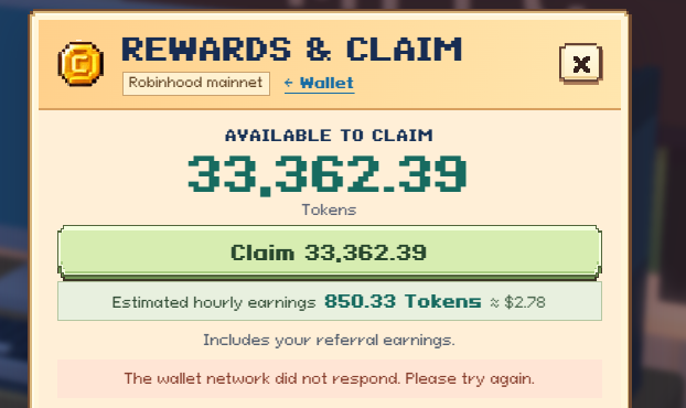 A pixel-art style 'Rewards & Claim' screen shows 33,362.39 tokens available to claim on the Robinhood mainnet, with estimated hourly earnings of 850.33 tokens (~$2.78), though a notice at the bottom states 'The wallet network did not respond. Please try again.'