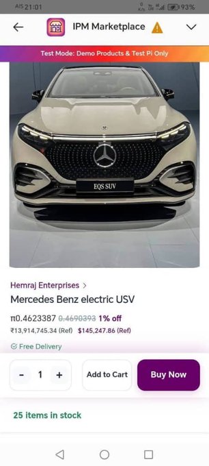 A mobile screenshot from IPM Marketplace shows a Mercedes-Benz electric USV listed by Hemraj Enterprises for 0.46 4623387 $PI (originally 145,247.86), featuring 25 items in stock and free delivery. The listing illustrates the post's claim about purchasing a Mercedes USV with ~0.46 $PI, demonstrating Pi cryptocurrency's purchasing power compared to traditional currencies.