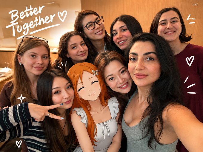A group selfie of seven smiling women with the text "Better Together" and a heart drawn in the corner, with an anime-style character edited into the center.
