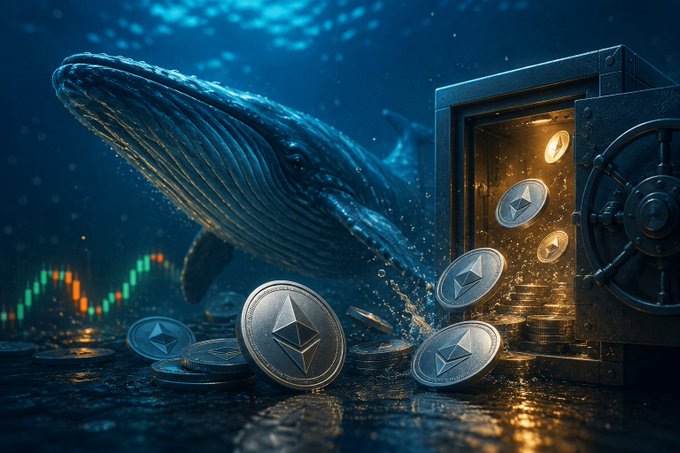 A massive whale swims through a sea of golden Ethereum coins pouring out of an open vault, with an ETH price chart visible in the background—symbolizing a large crypto holder (whale) moving their Ethereum holdings to the Binance exchange to take profits after nearly a month of holding.