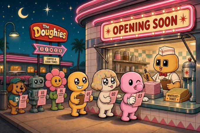 A whimsical retro-style illustration shows a lineup of colorful characters—including a flower, robot, and pink creature—holding numbered tickets (01-05) at "The Doughies" diner, where a chef is preparing pastries under a glowing "OPENING SOON" marquee.

The image relates to the post by visualizing the "The Doughies" IP characters at their retro bakery concept, showcasing the playful lineup of mascots that represent this early-stage creative project.
