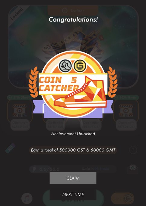 Game achievement screen congratulating 'COIN 5 CATCHER' for earning a total of 500000 GST & 50000 GMT, with Claim and Next Time buttons.