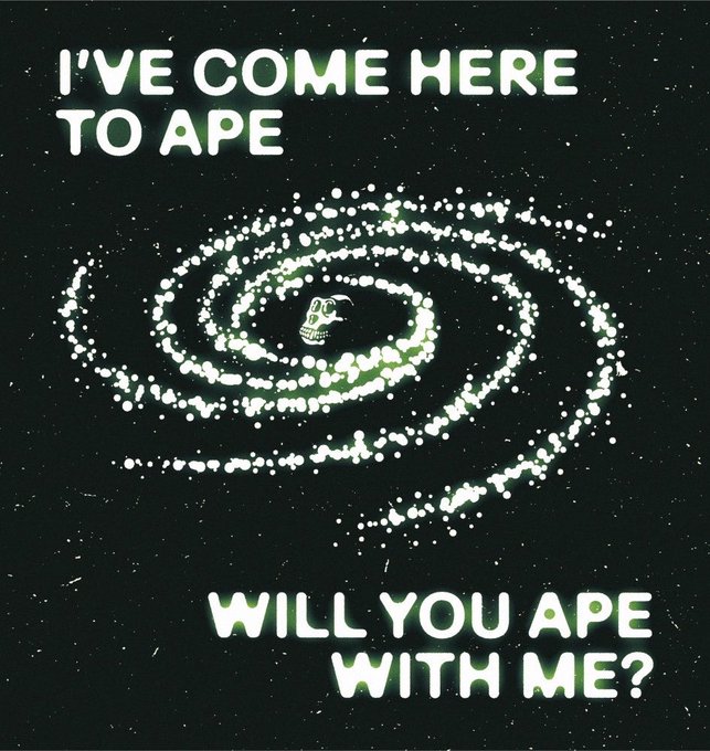 A dark, glowing graphic reads 'I'VE COME HERE TO APE' at the top and 'WILL YOU APE WITH ME?' at the bottom, with a swirling spiral pattern of lights surrounding a small figure in the center.