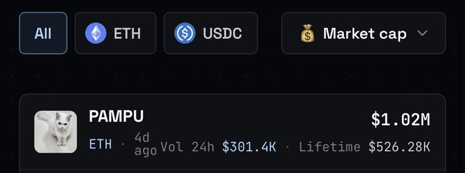 A cryptocurrency trading interface on @o1_exchange displays filter options (All, ETH, USDC) sorted by market cap, showing the token "PAMPU" with an image of a white dog, listed with a market cap of $1.02M, a 24-hour volume of $301.4K, and a lifetime volume of $526.28K, created 4 days ago on the ETH network. The image illustrates the post's claim that $PAMPU has become the first token to hit the $1M milestone, positioning $MKSVIBE as the next potential B20 runner.