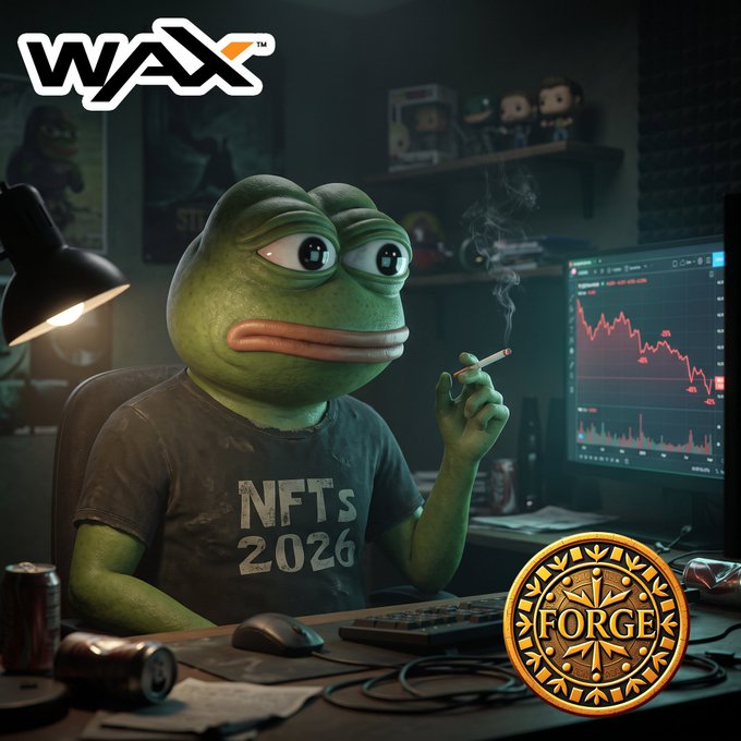 A digital graphic of a melancholy Pepe the Frog character wearing an 'NFTs 2026' shirt, smoking a cigarette in a dark room in front of a monitor displaying a downward stock chart, featuring WAX and FORGE logos.