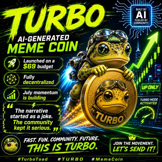 A promotional graphic for TURBO, an 'AI-GENERATED MEME COIN' featuring a toad with goggles and text including 'Launched on a $69 budget', 'Fully decentralized', and 'JOIN THE MOVEMENT. LET'S SEND IT!'.