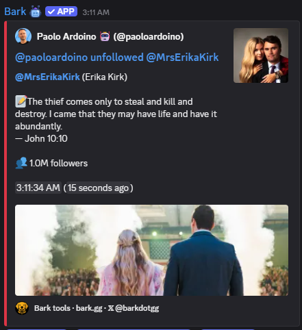 A screenshot of a tweet from Paolo Ardoino (@paoloardoino) announcing that he unfollowed Erika Kirk (@MrsErikaKirk), featuring a Bible verse (John 10:10) and an image of a couple. The post accompanies commentary about buying $FEFER, likely referencing Paolo's influence and following actions in crypto markets.