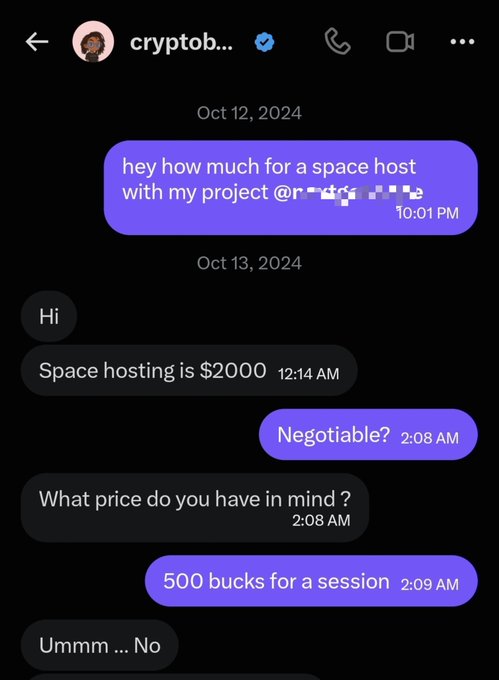 A direct message exchange shows a user negotiating with a verified "crypto" influencer for a space hosting session, where the host initially quotes $2000 before flatly rejecting the buyer's counteroffer of $500. The conversation humorously illustrates the post's point about the decline in KOL pricing power, as influencers who once charged $2000 per AMA are now struggling to secure even modest fees.