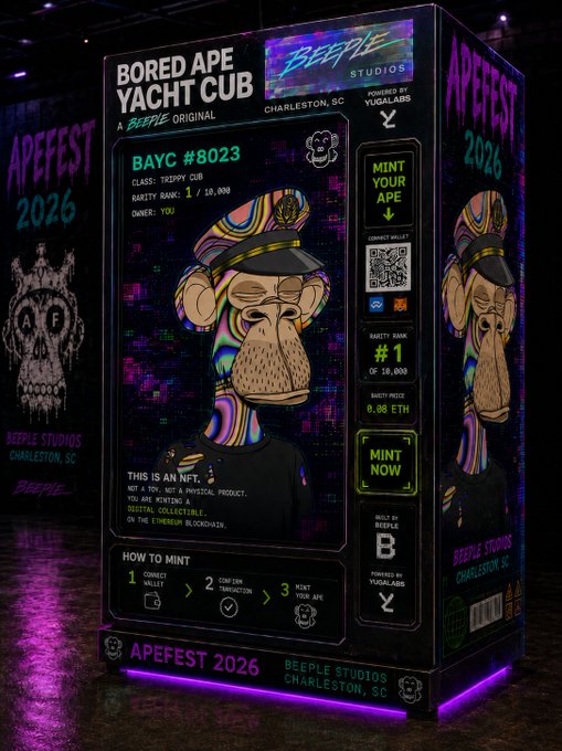 A vibrant digital display designed in the style of a vending machine, branded for "BORED APE YACHT CLUB" and "APEFEST 2026" by Beeple Studios in Charleston, SC, showcases a Bored Ape NFT (BAYC #8023) with options to "MINT YOUR APE" and "MINT NOW," directly illustrating the post's vision of a Beeple-designed BAYC vending machine that doubles as art for ApeFest.