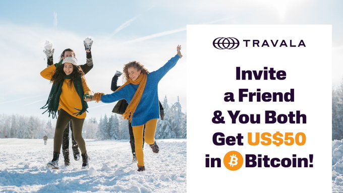 A promotional banner for Travala features three friends joyfully playing in a snowy outdoor setting, with the Travala logo displayed alongside text reading "Invite a Friend & You Both Get US$50 in Bitcoin!" accompanied by a Bitcoin symbol, encouraging viewers to share the joy of travel by inviting friends through travala.com/invite, where both parties earn US$50 in Bitcoin after a qualifying booking.