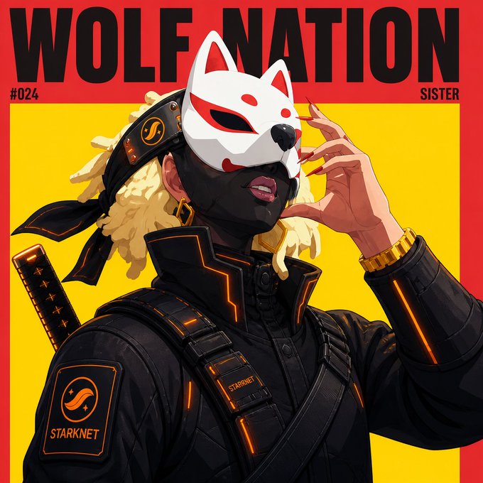 The image features a person wearing a mask, possibly a wolf or a werewolf, with a sword in their hand. They are dressed in black clothing and have blonde hair. The background of the image has red and yellow colors, which could be interpreted as a gradient effect. The caption "Wolf Nation" is written above the figure, indicating that this person might be related to the Wolf Nation or a character from a video game.