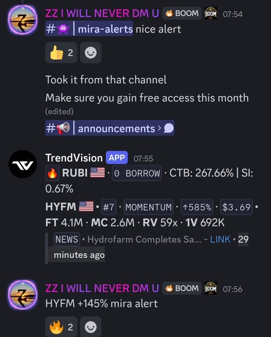 A Discord chat shows a "TrendVision APP" alert for $RUBI (CTB: 267.66%) and $HYFM (#7 Momentum, ↑585%, FT 4.1M), with a user "zz I WILL NEVER DM U" commenting "HYFM +145% mira alert," directly referencing the $HYFM's strong price movement mentioned in the accompanying post.