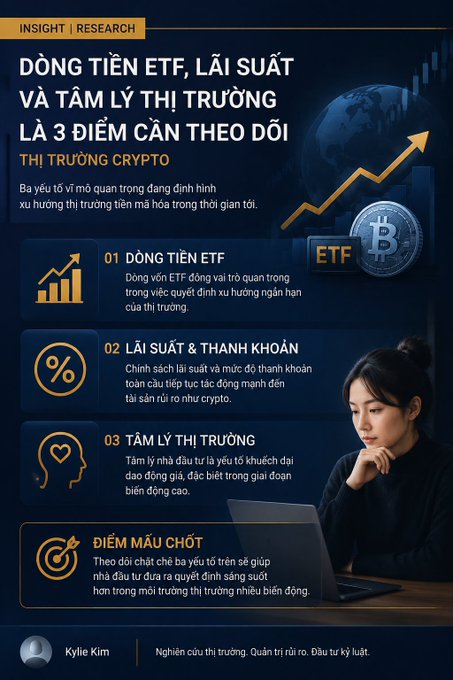 Vietnamese-language crypto market research infographic titled 'DÒNG TIỀN ETF, LÃI SUẤT VÀ TÂM LÝ THỊ TRƯỜNG LÀ 3 ĐIỂM CẦN THEO DÕI' (ETF Capital Flows, Interest Rates, and Market Psychology are 3 Points to Watch), authored by Kylie Kim.